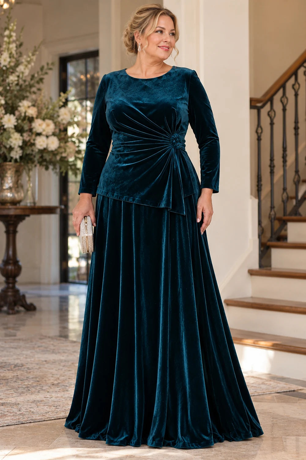 Teal Ruched Side Rosette Mother of the Bride Gown
