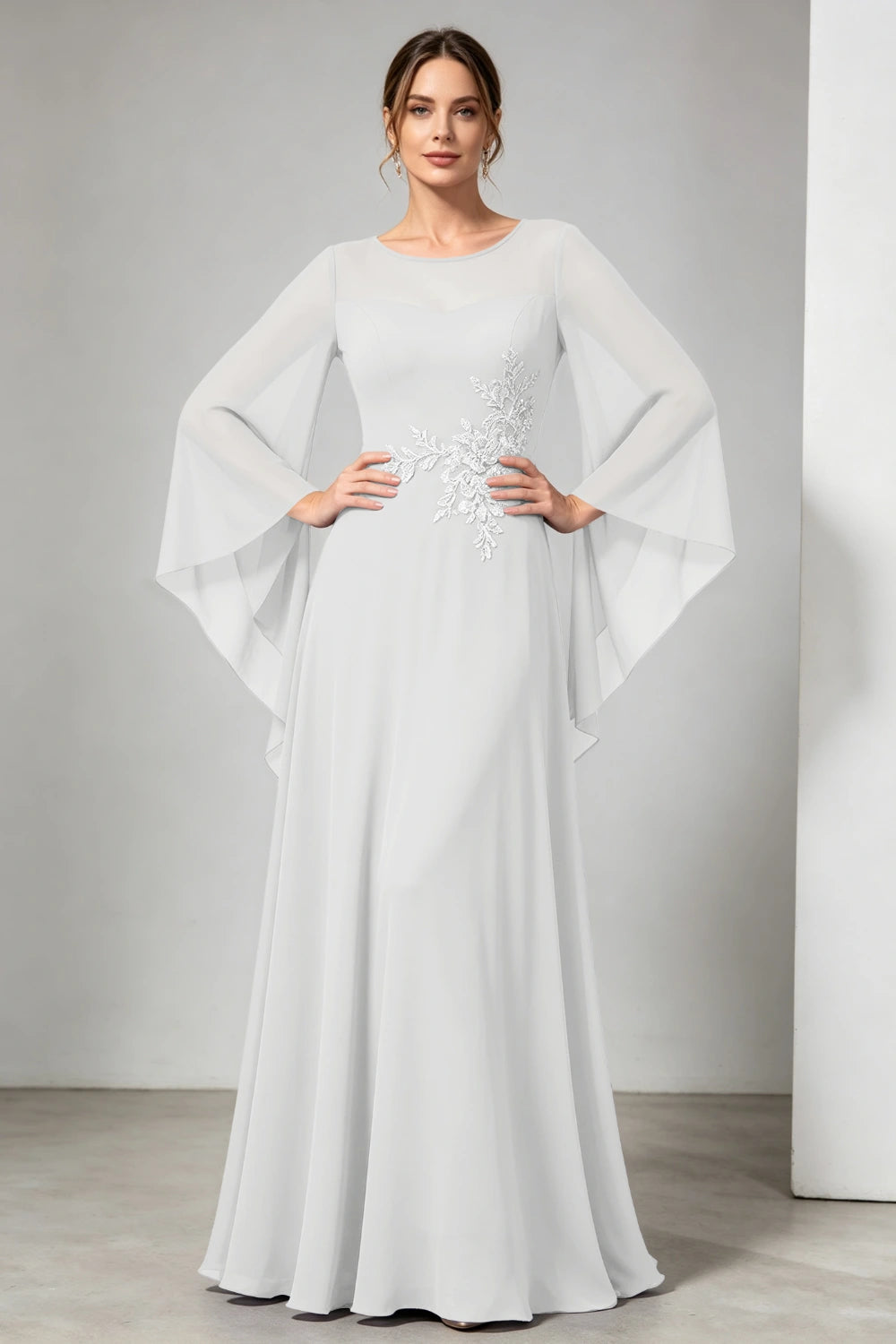 Purple Beaded Waist Sheer Yoke Long Sleeve Chiffon Mother of the Bride Dress