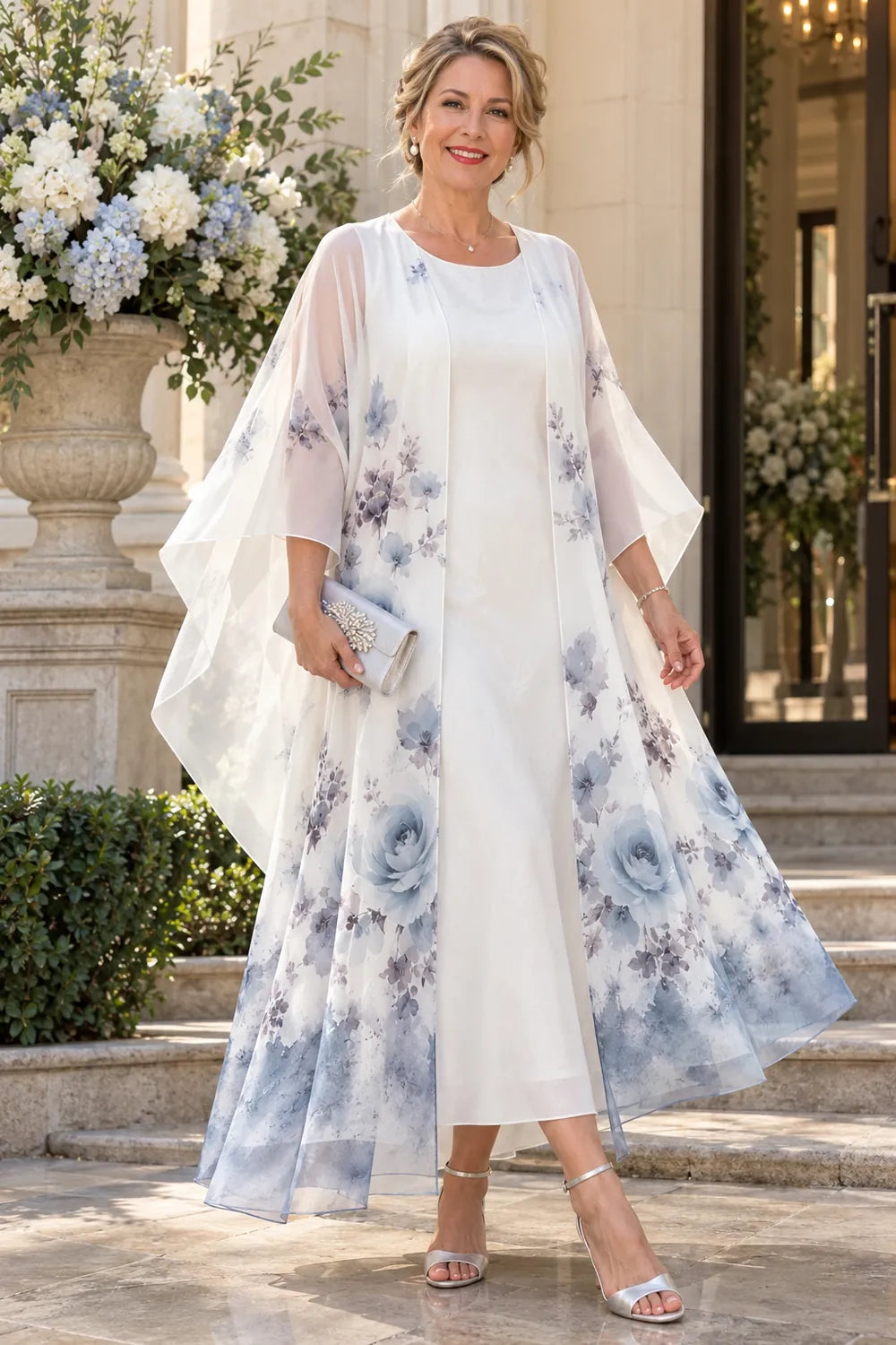 White Blue Floral Long Overlay Mother of the Bride Dress