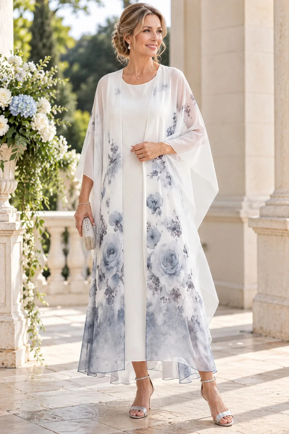 White Blue Floral Long Overlay Mother of the Bride Dress