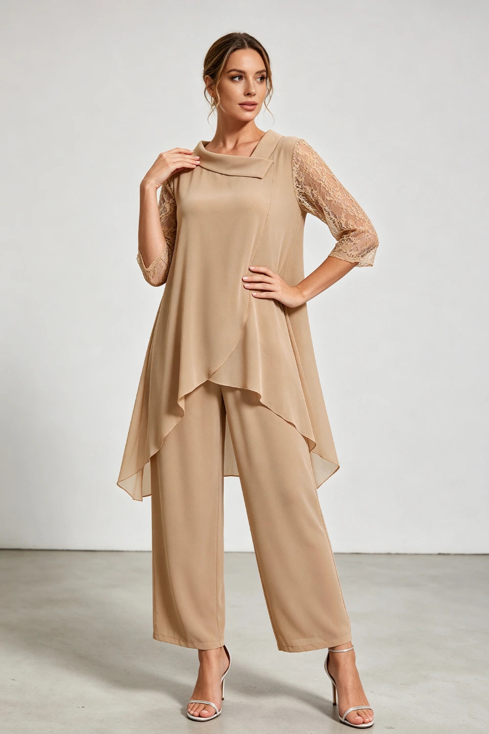 Beige Beaded Neck Lace Sleeve Chiffon Pant Suit