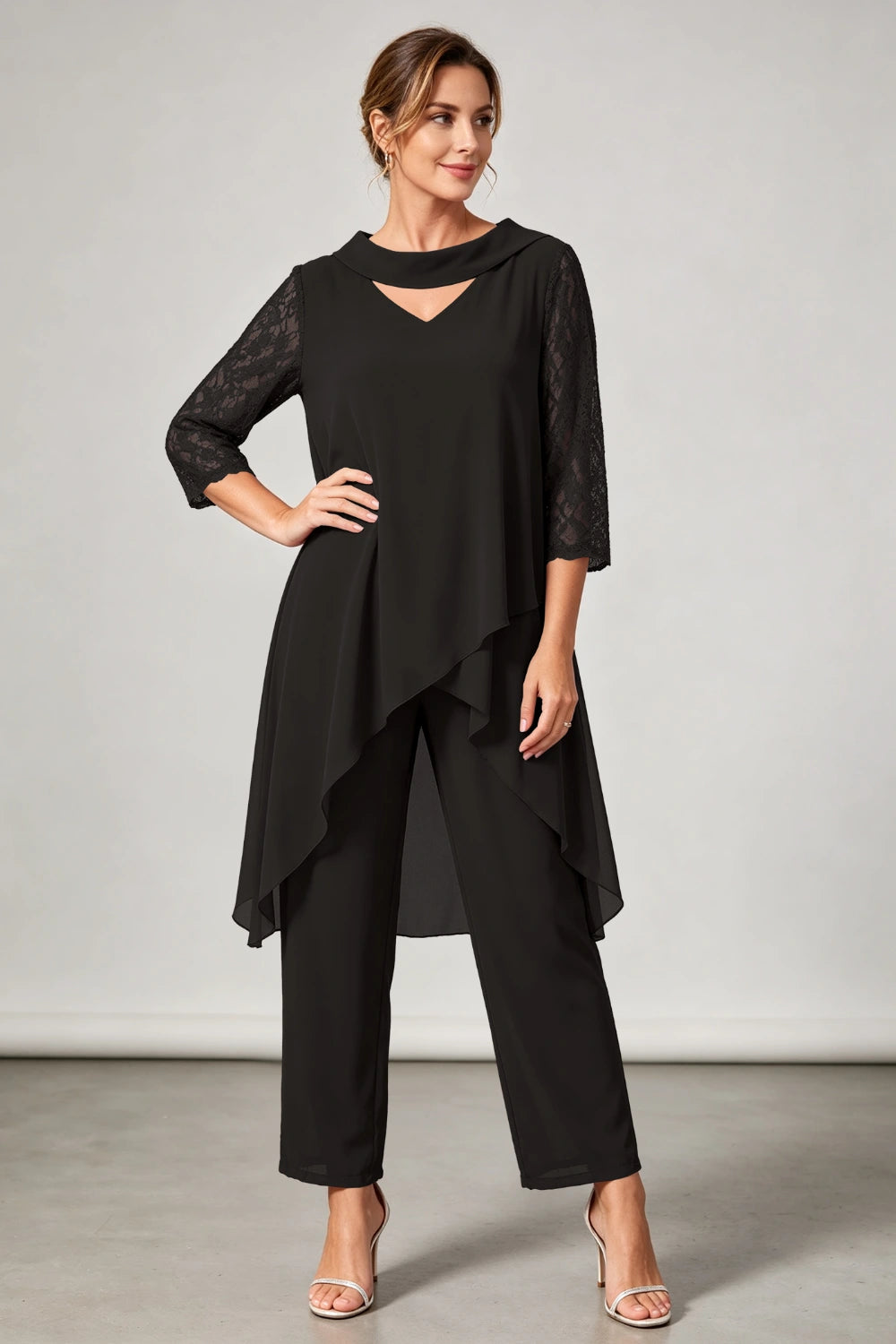 Plum Beaded V Neck Lace Sleeve Chiffon Pant Suit