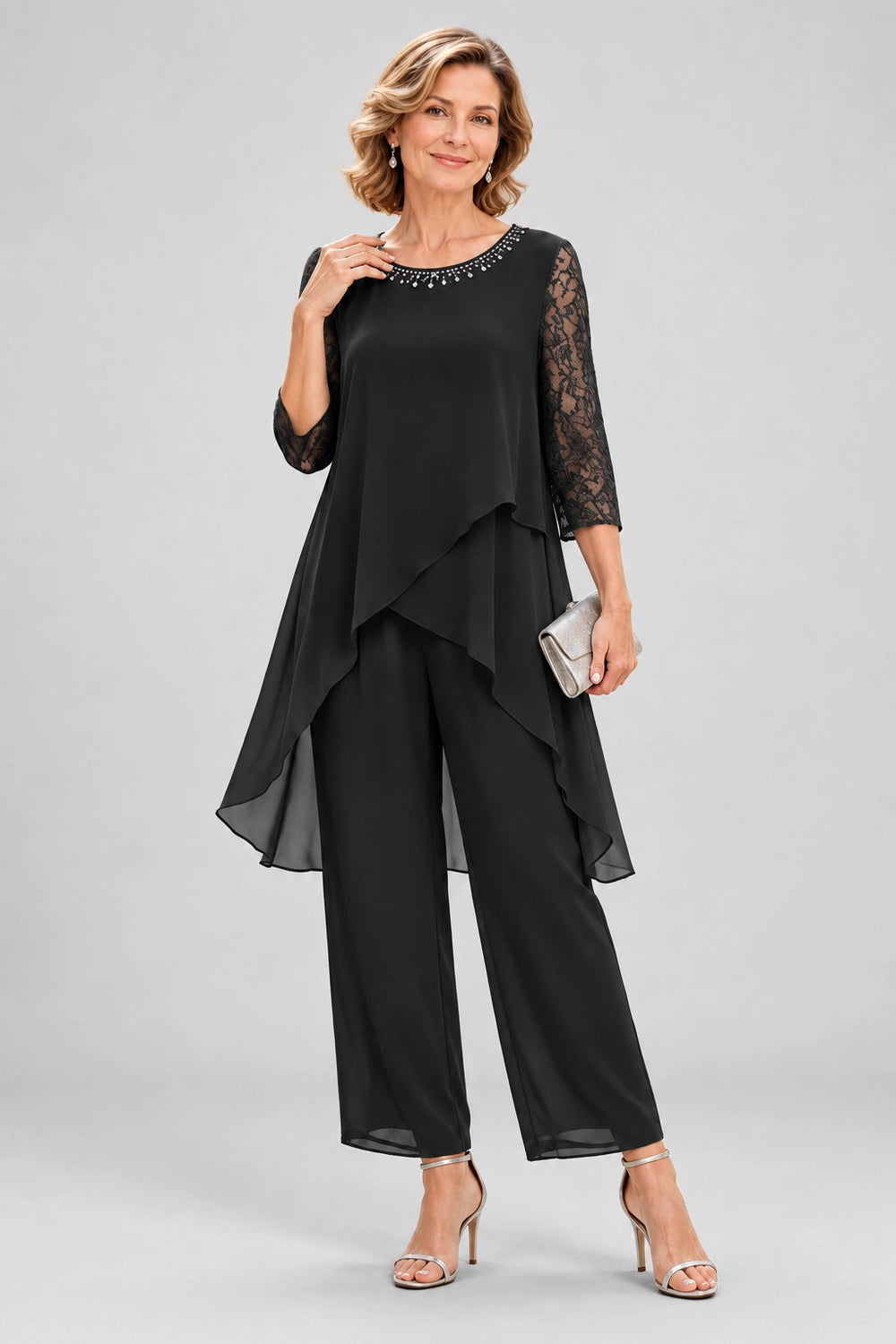 Cross-Tier Lace-Sleeve Chiffon Pant Suit