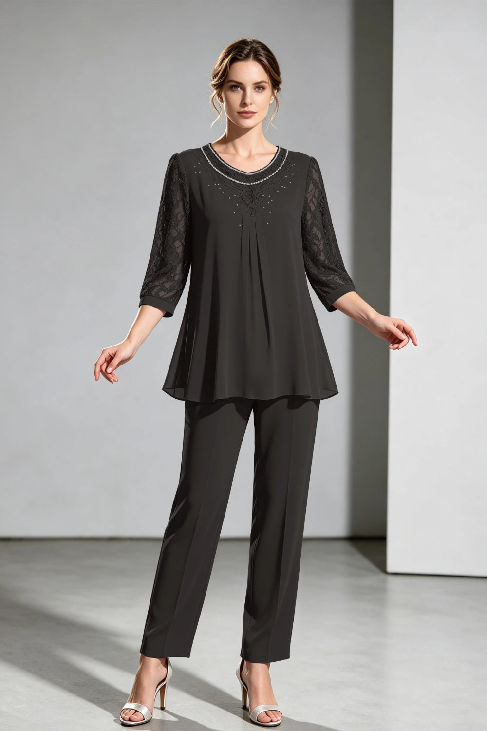 Navy Beaded-Neck Lace-Sleeve Chiffon Pant Suit