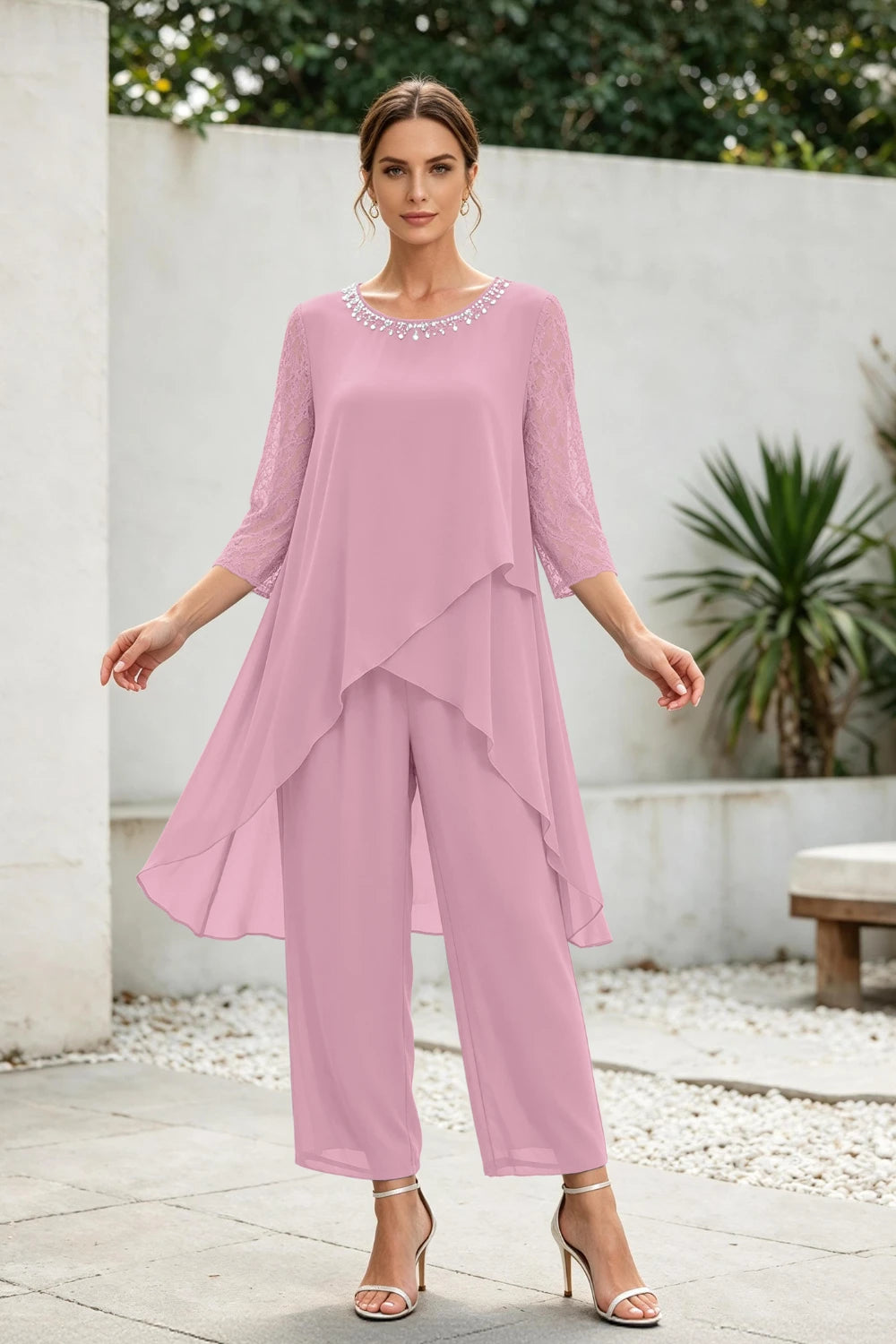 Dusty Blue Cross-Tier Lace-Sleeve Chiffon Pant Suit