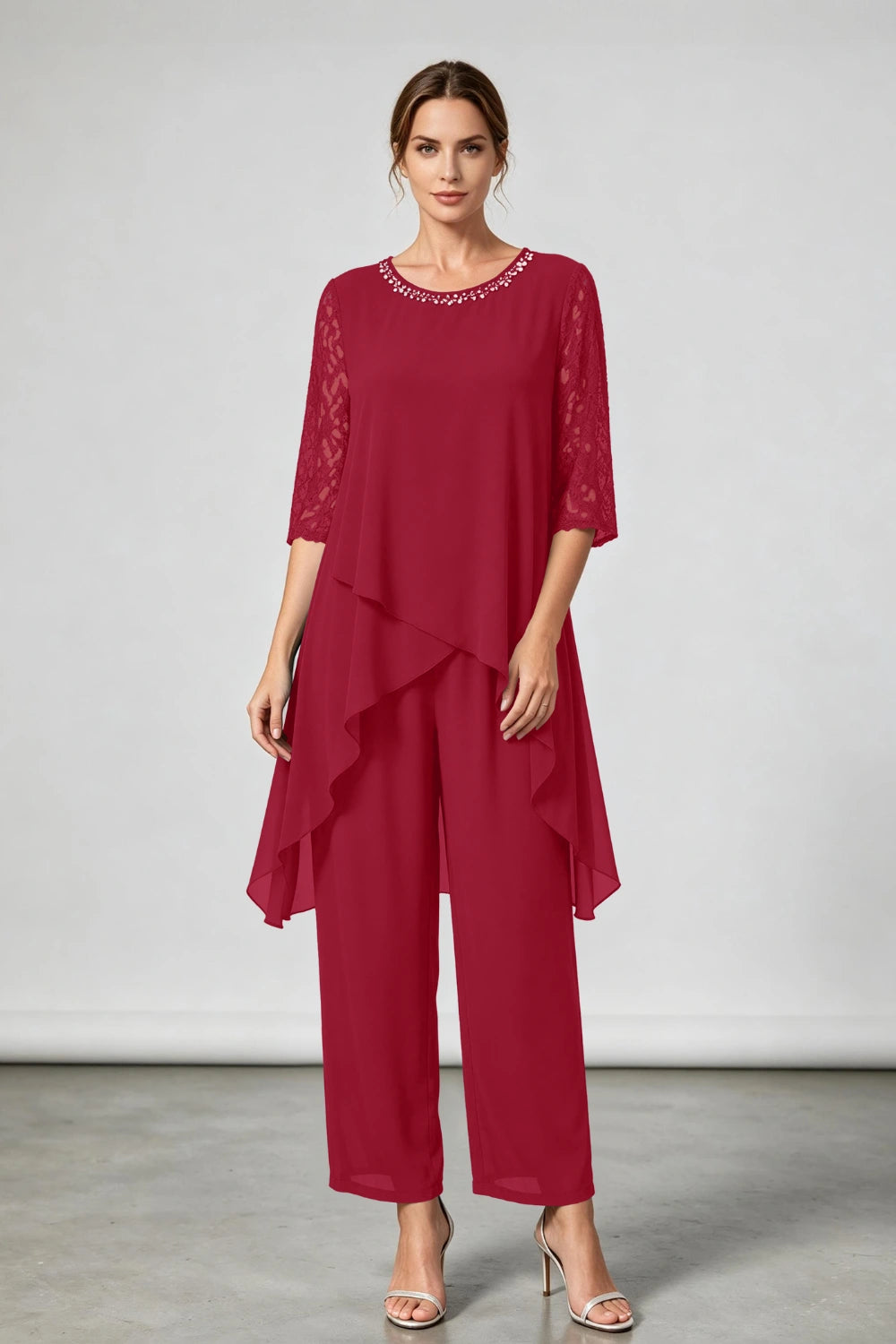 Peacock Blue Beaded-Neck Tiered Chiffon Pant Suit