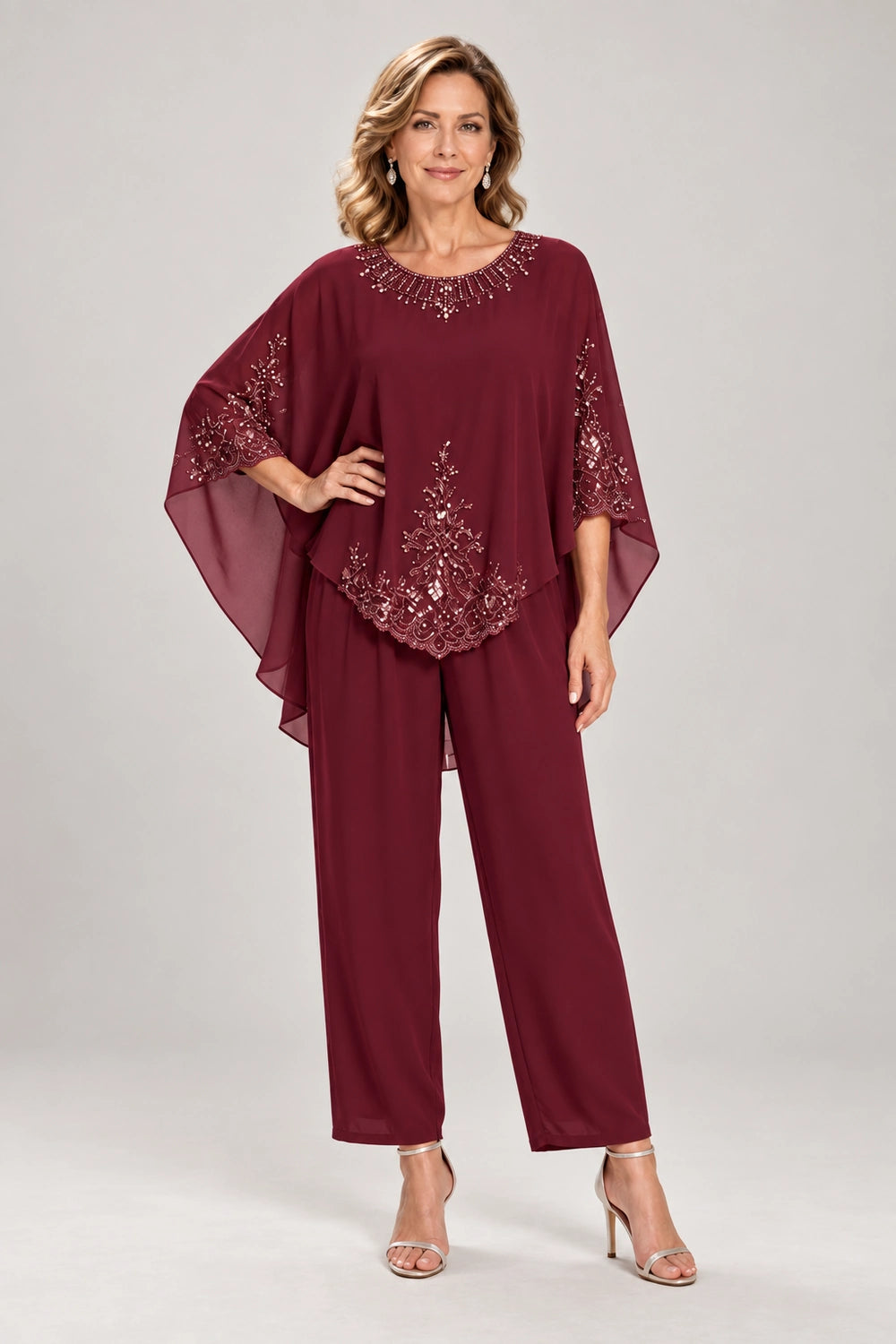 Beaded-Lace Cape-Sleeve Chiffon Pant Suit