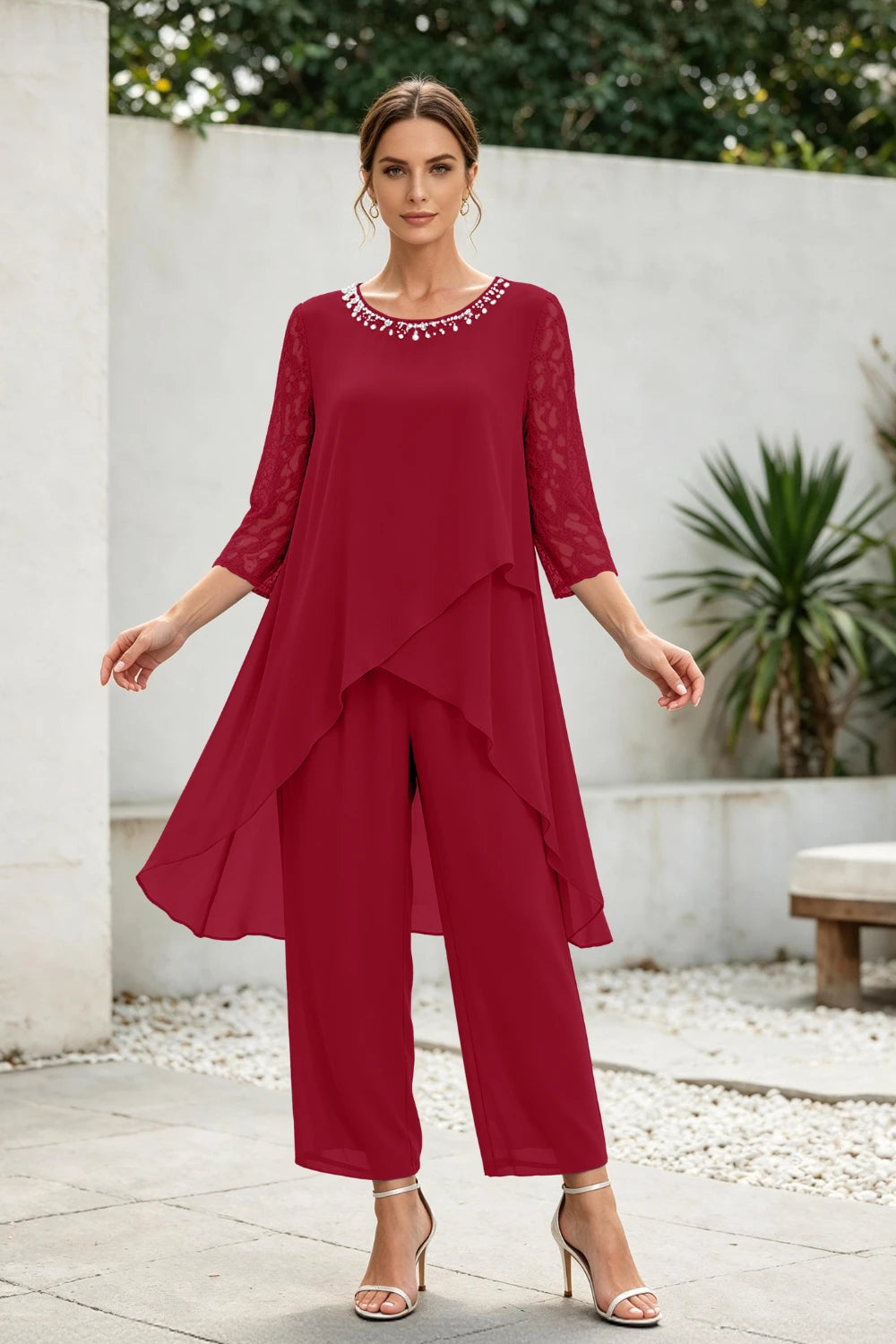 Dusty Blue Cross-Tier Lace-Sleeve Chiffon Pant Suit