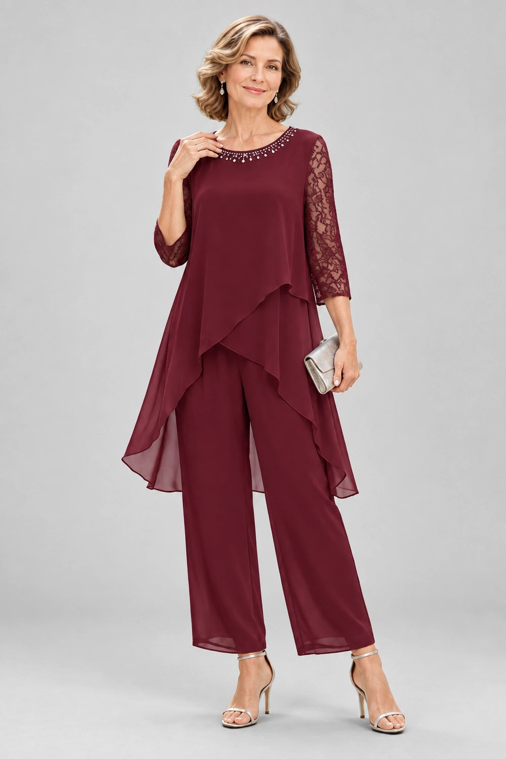 Cross-Tier Lace-Sleeve Chiffon Pant Suit
