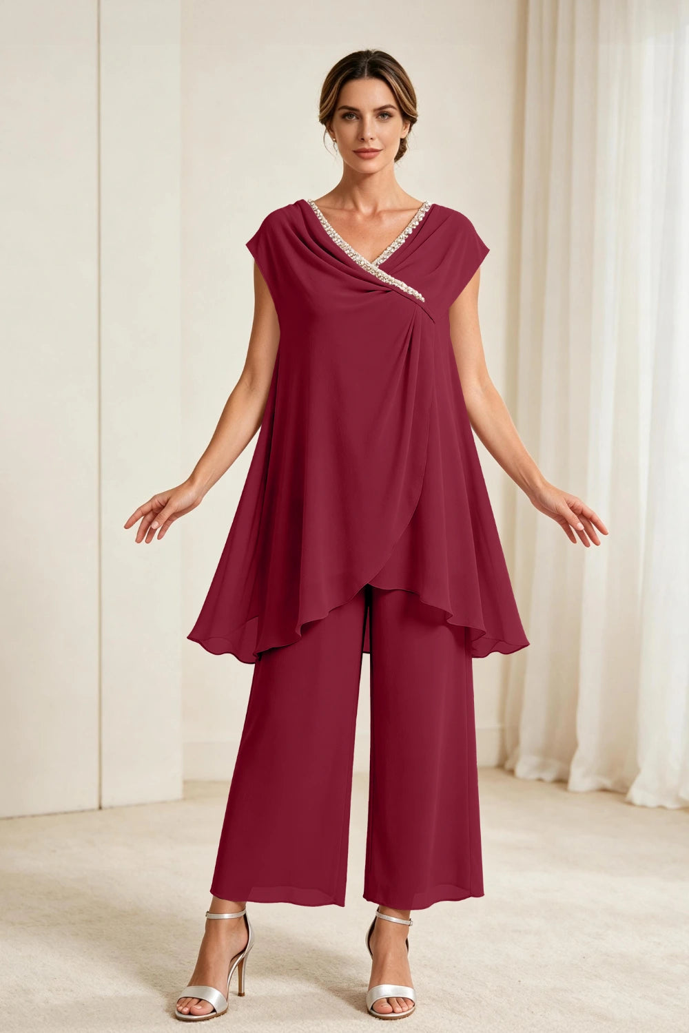Dusty Rose Draped Asymmetric Chiffon Pant Suit