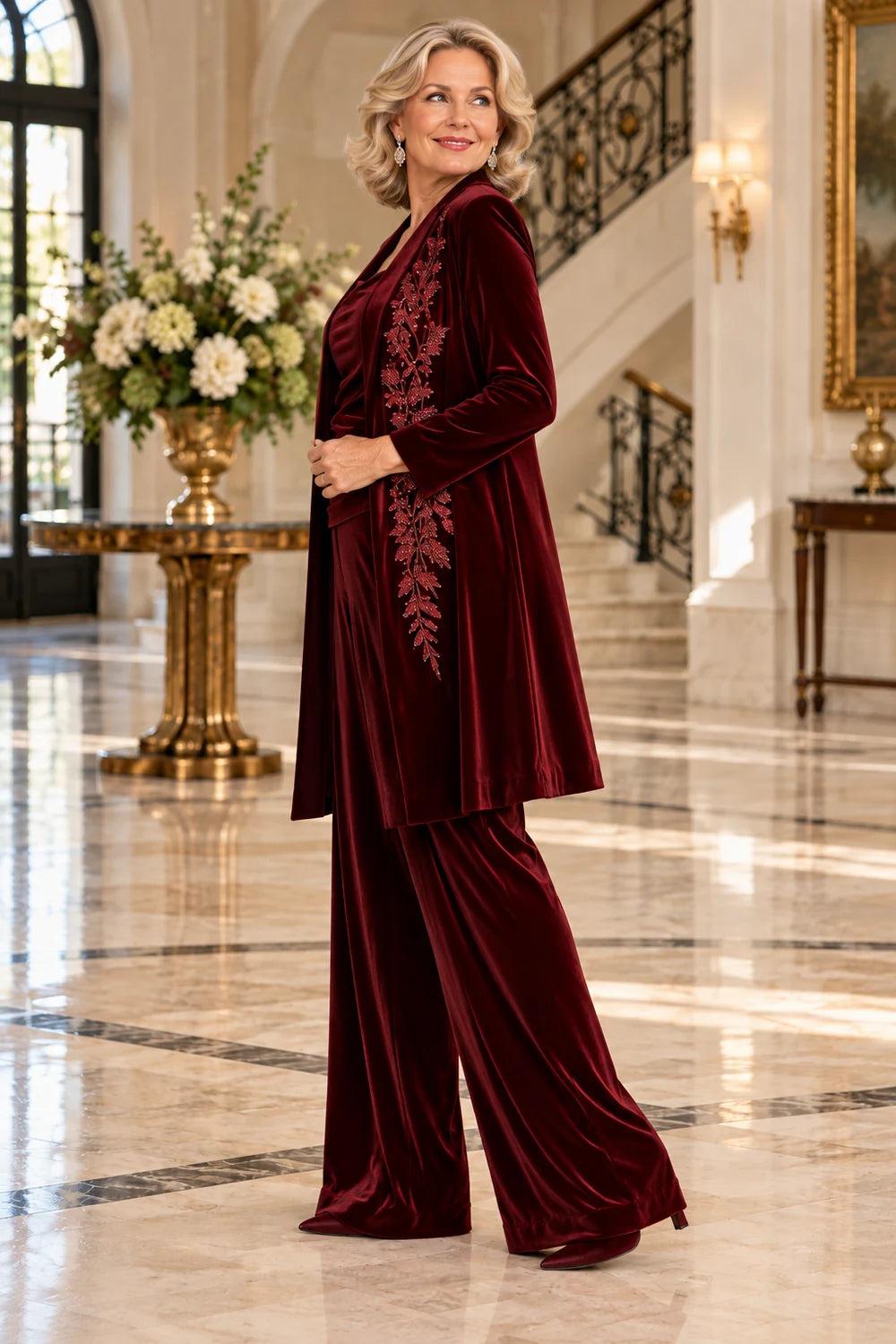 Burgundy Floral Long Jacket Mother of the Bride Pant Suit
