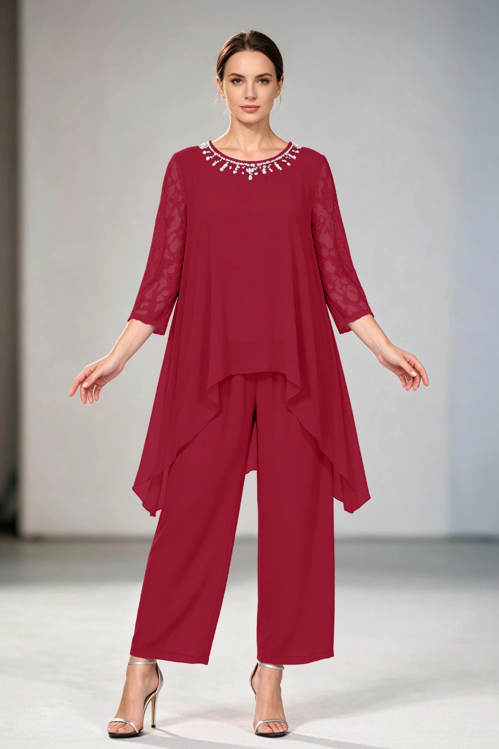 Dusty Lavender Lace-Sleeve Handkerchief-Hem Chiffon Pant Suit