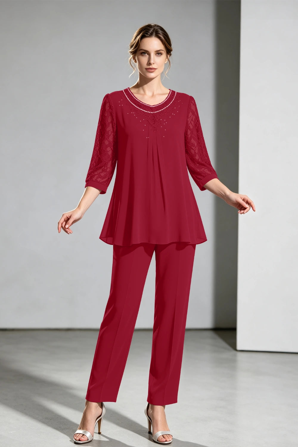 Navy Beaded-Neck Lace-Sleeve Chiffon Pant Suit