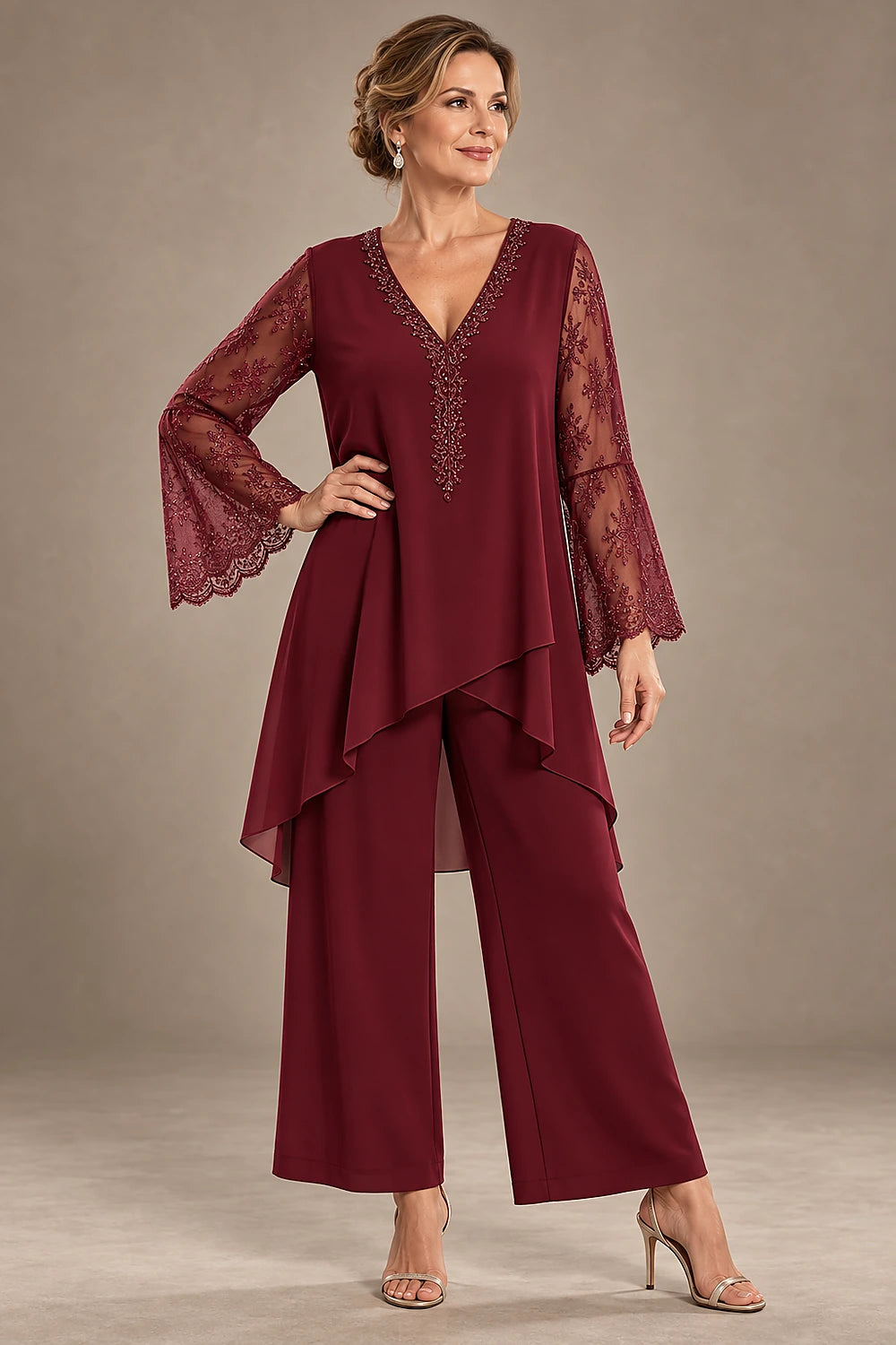Beaded Lace V Neck Chiffon Pant Suit