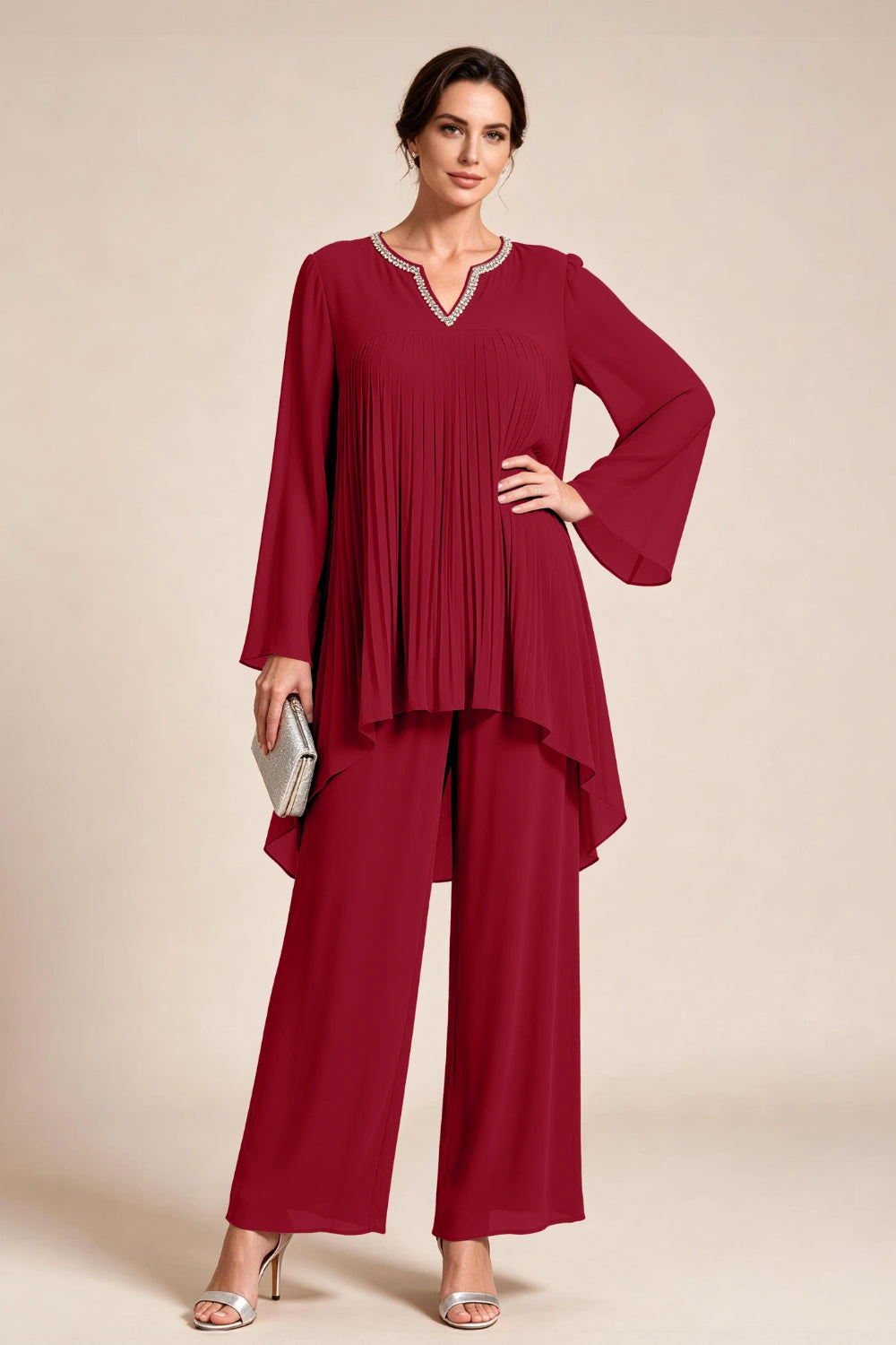 Beige Pleated-Bodice Chiffon Pant Suit