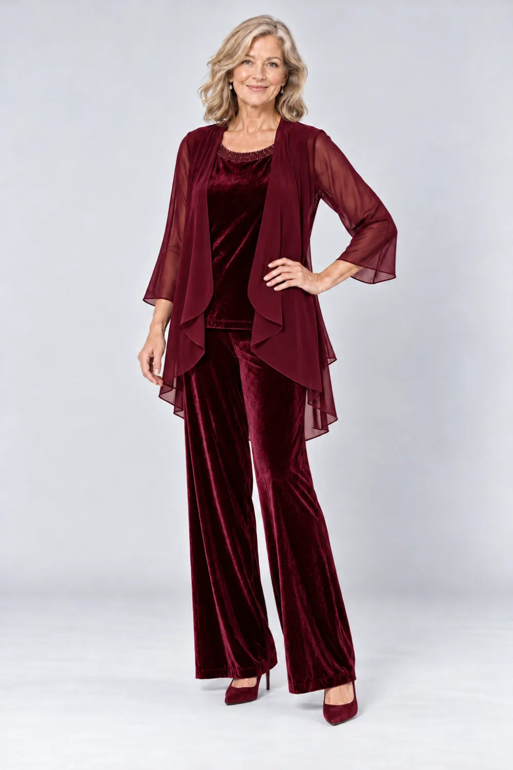Burgundy pant suit with plain waterfall panels and rounded top neckline, front view.