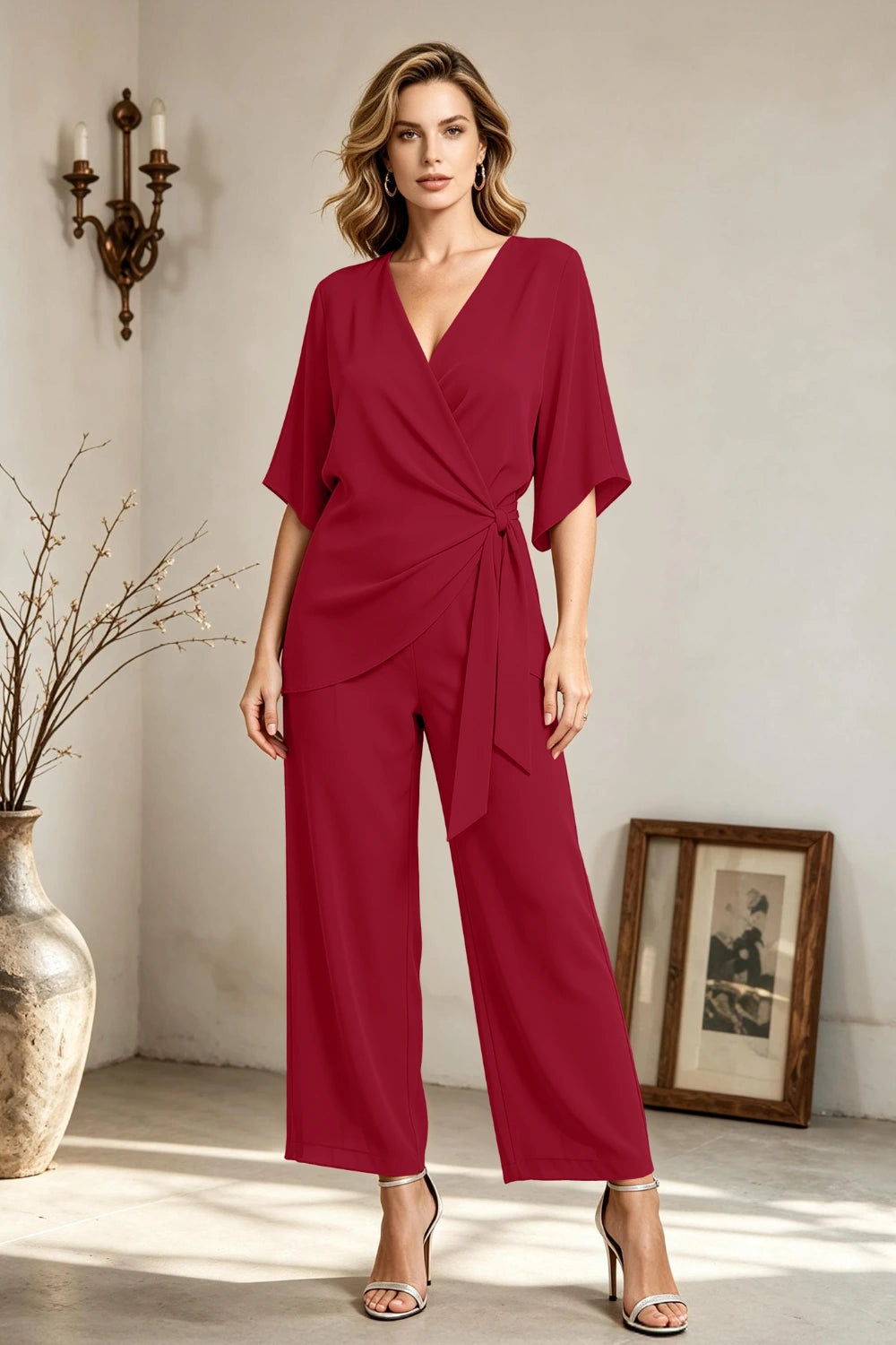 Copper Brown V-Neck Side-Tie Chiffon Pant Suit