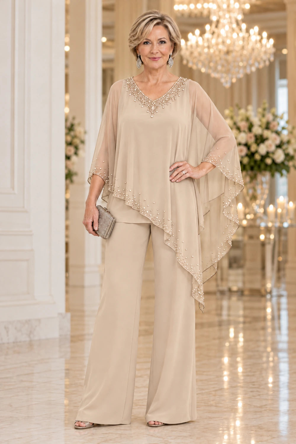 Champagne wide-leg pant suit with a sheer asymmetric cape and decorated neckline, front view.