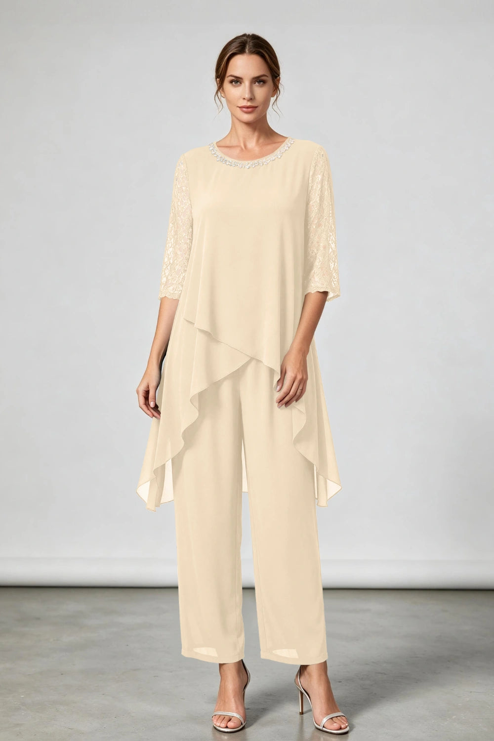 Peacock Blue Beaded-Neck Tiered Chiffon Pant Suit