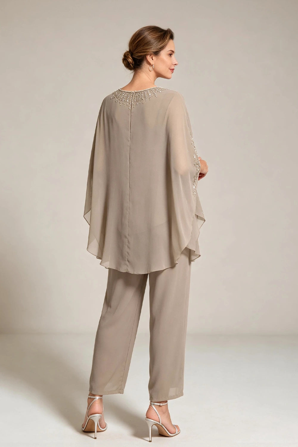 Beige Beaded-Lace Cape-Sleeve Chiffon Pant Suit