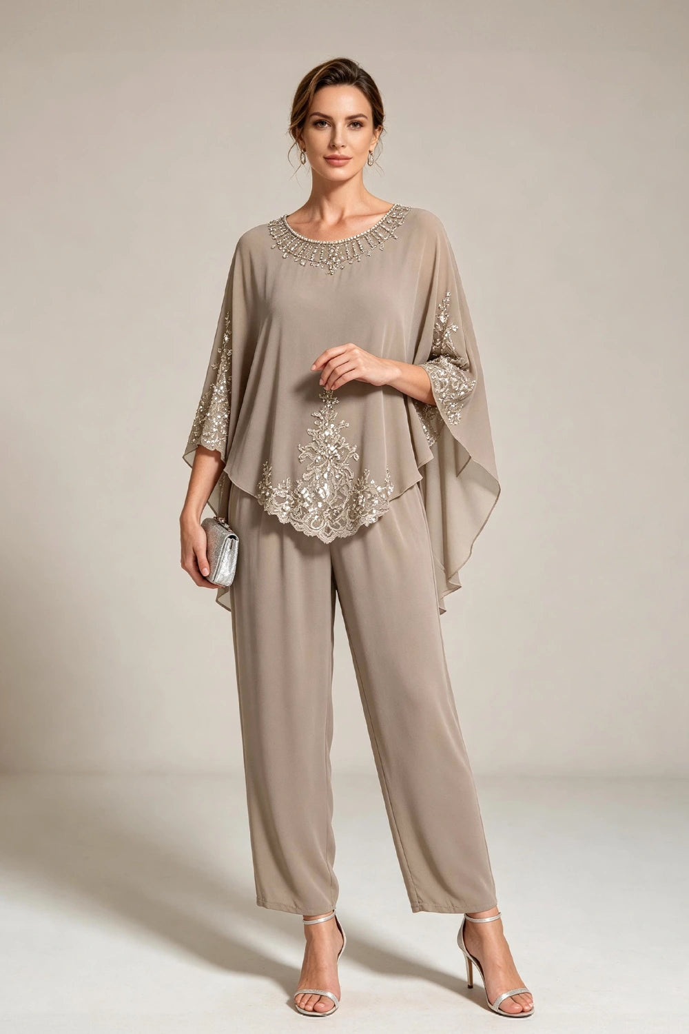 Beige Beaded-Lace Cape-Sleeve Chiffon Pant Suit