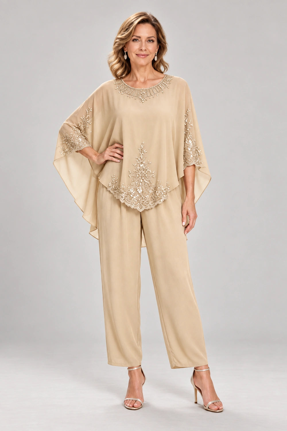 Beaded-Lace Cape-Sleeve Chiffon Pant Suit