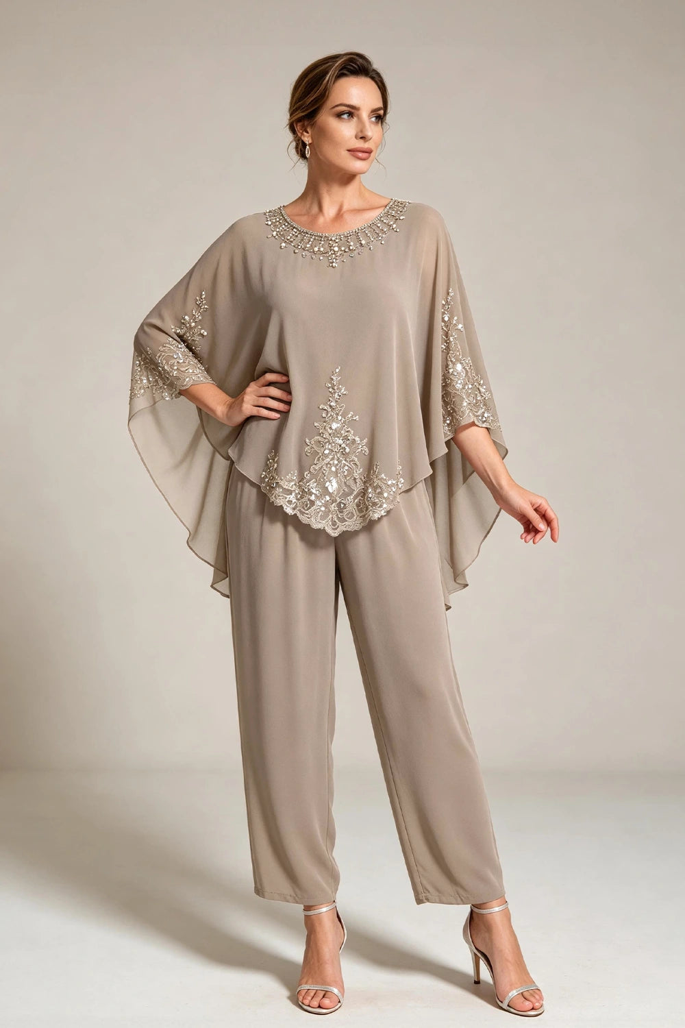 Beige Beaded-Lace Cape-Sleeve Chiffon Pant Suit
