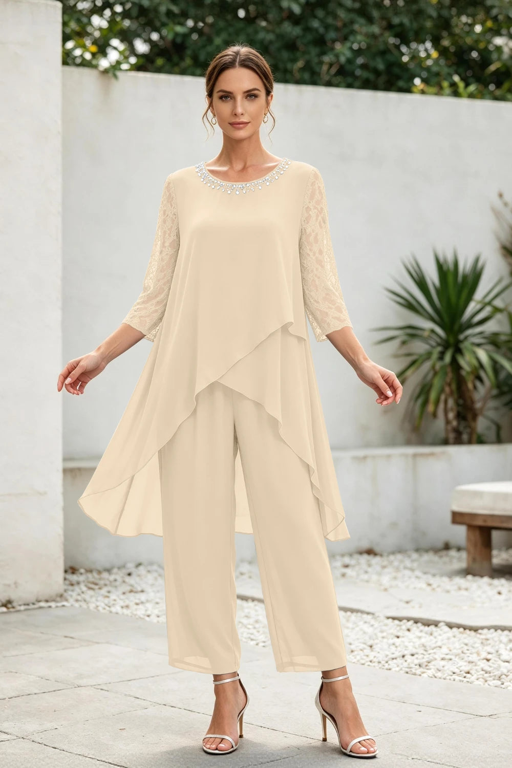 Dusty Blue Cross-Tier Lace-Sleeve Chiffon Pant Suit