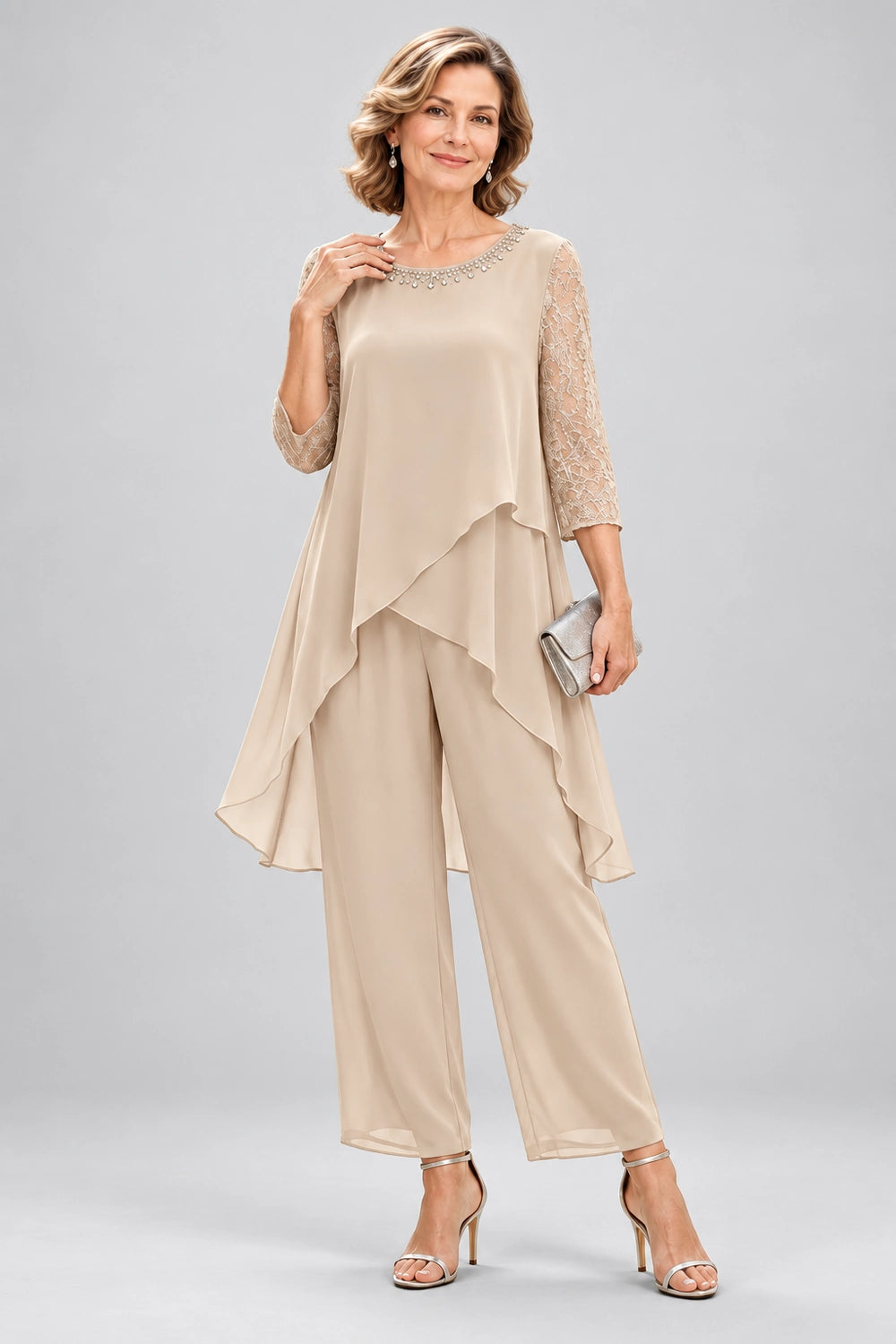 Cross-Tier Lace-Sleeve Chiffon Pant Suit