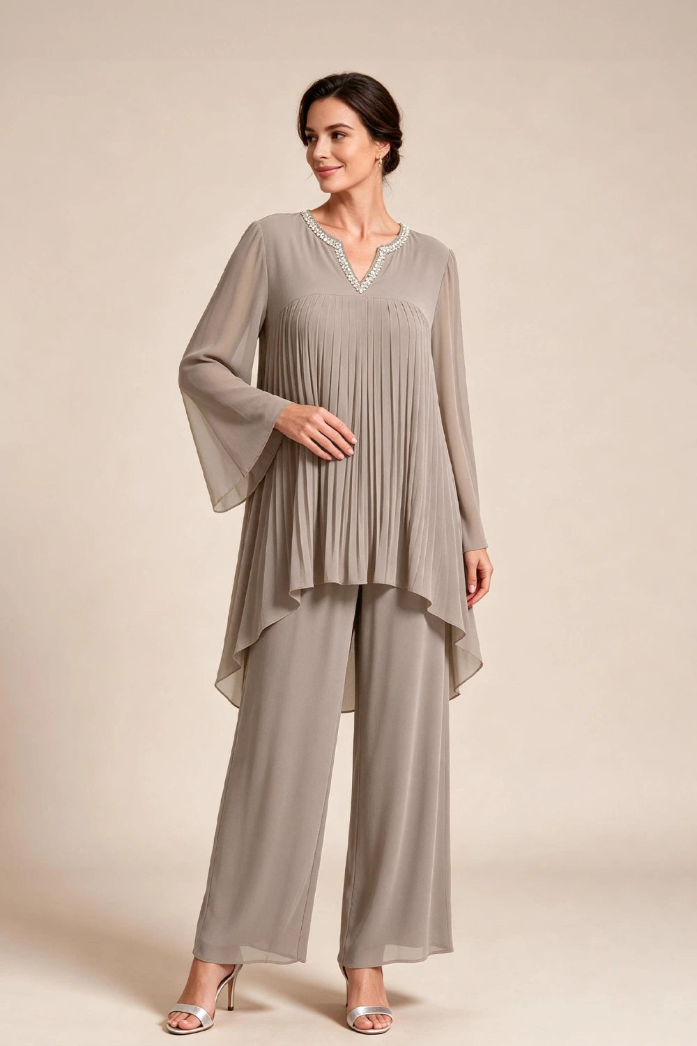 Beige Pleated-Bodice Chiffon Pant Suit