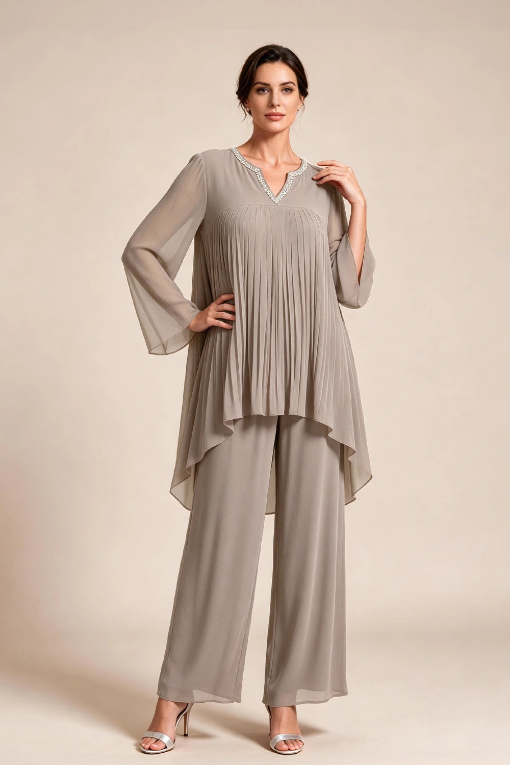 Beige Pleated-Bodice Chiffon Pant Suit