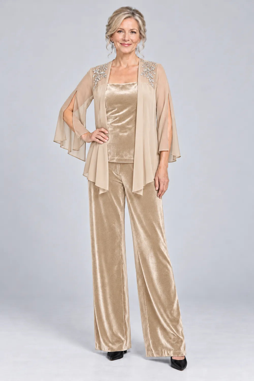 Champagne pant suit with floral shoulder embroidery and square-neck top, front view.