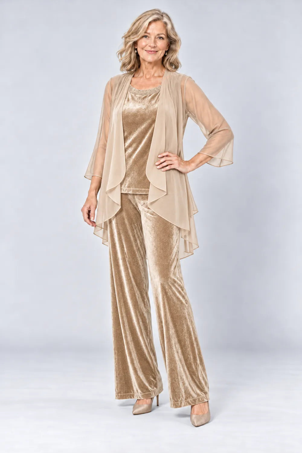 Champagne pant suit with plain waterfall panels and rounded top neckline, front view.