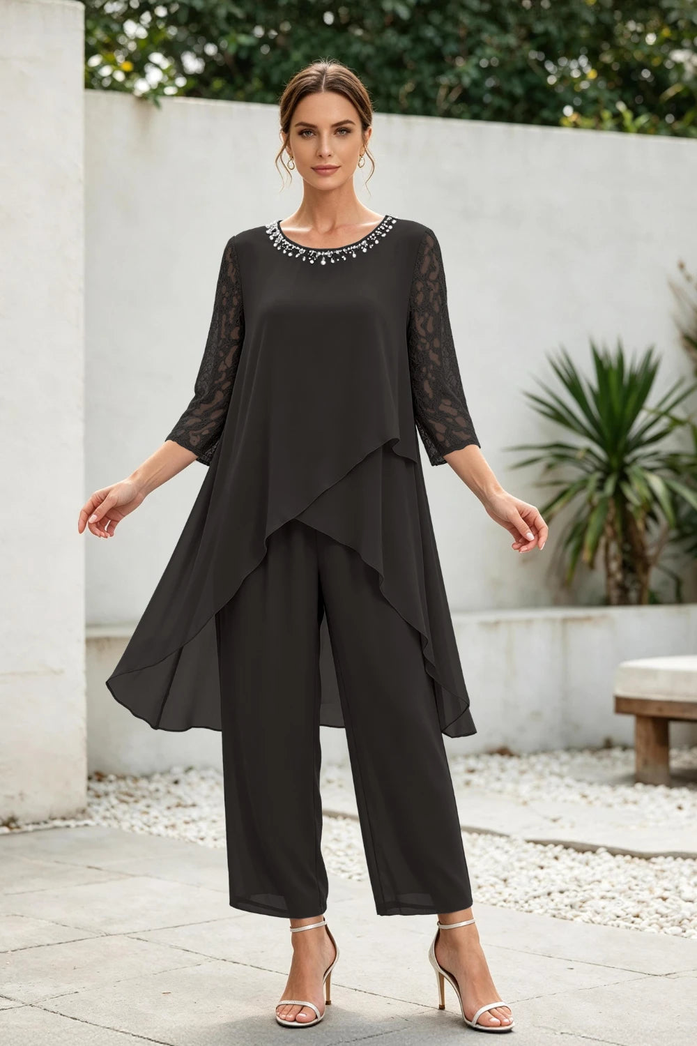 Dusty Blue Cross-Tier Lace-Sleeve Chiffon Pant Suit