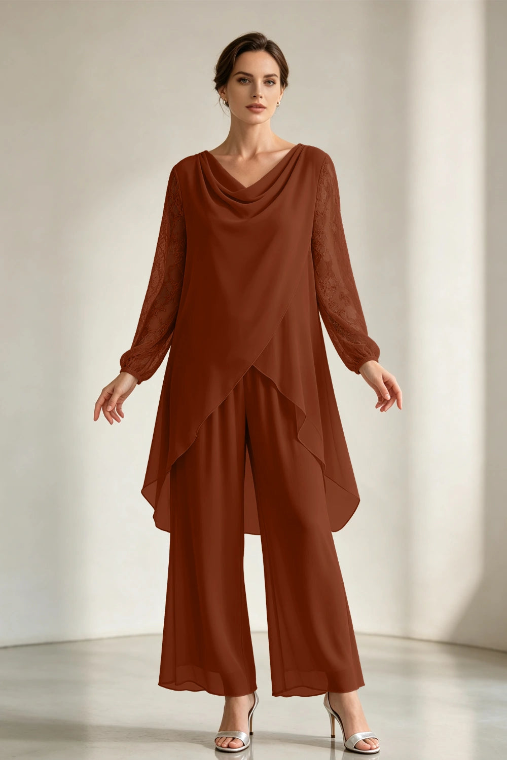 Champagne Draped Cowl Neck Chiffon Pant Suit