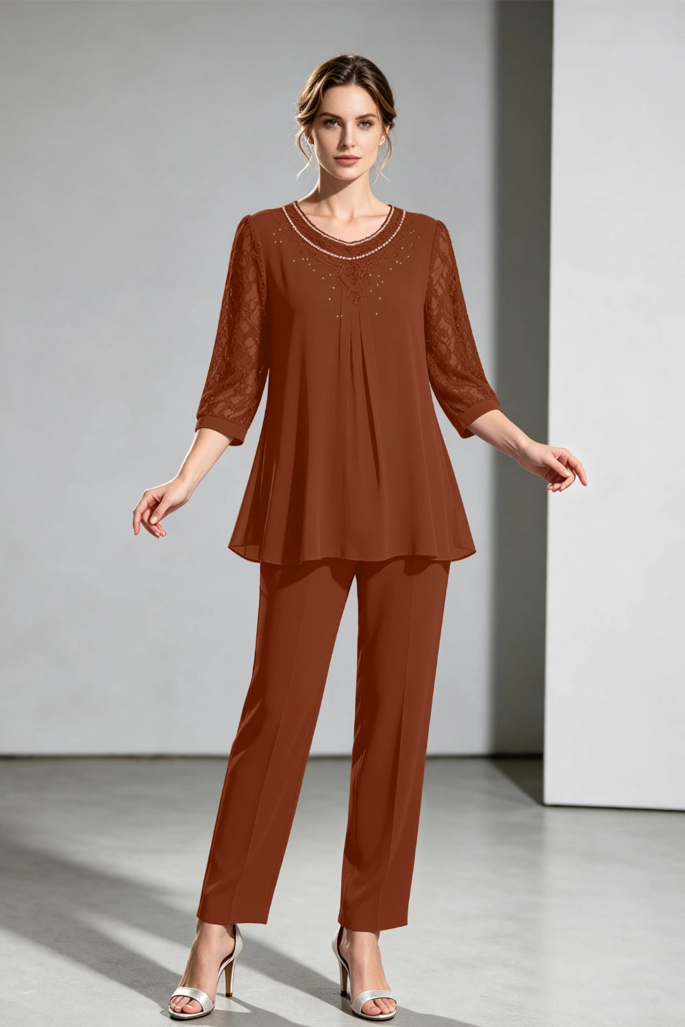 Navy Beaded-Neck Lace-Sleeve Chiffon Pant Suit