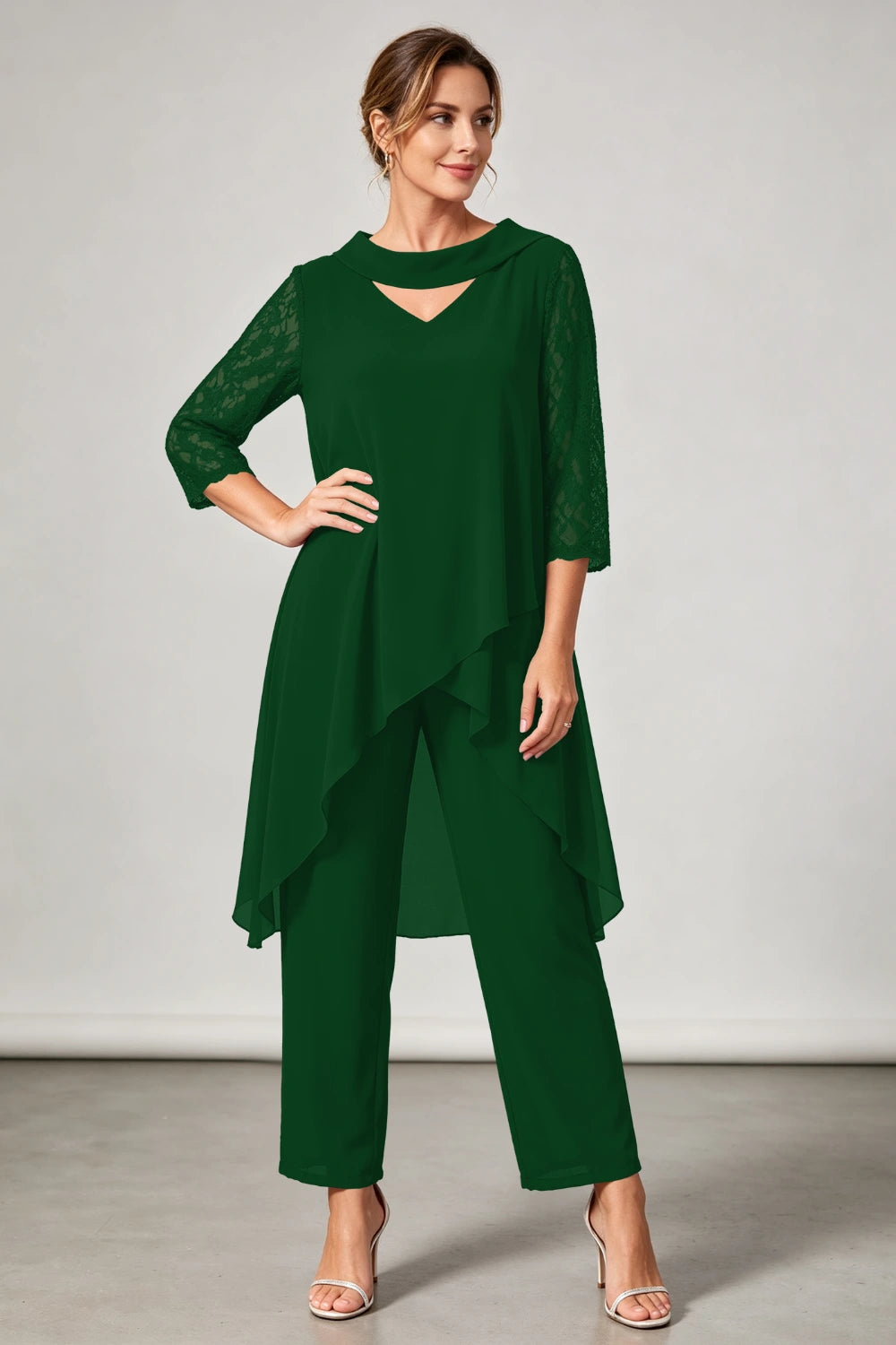 Plum Beaded V Neck Lace Sleeve Chiffon Pant Suit