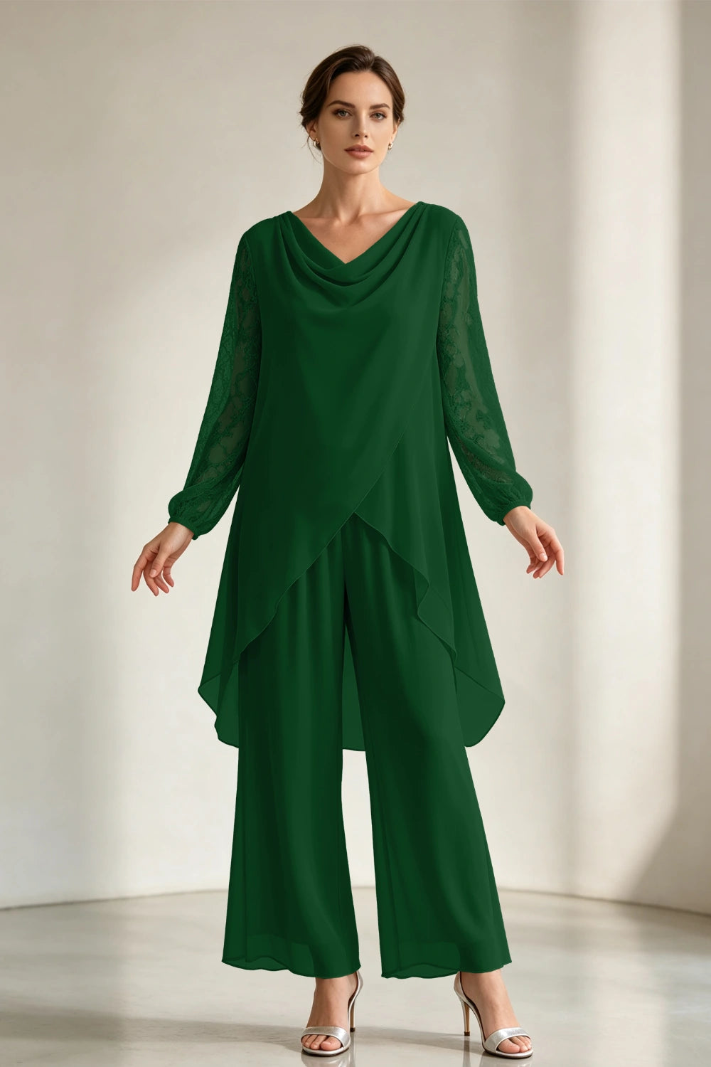 Champagne Draped Cowl Neck Chiffon Pant Suit