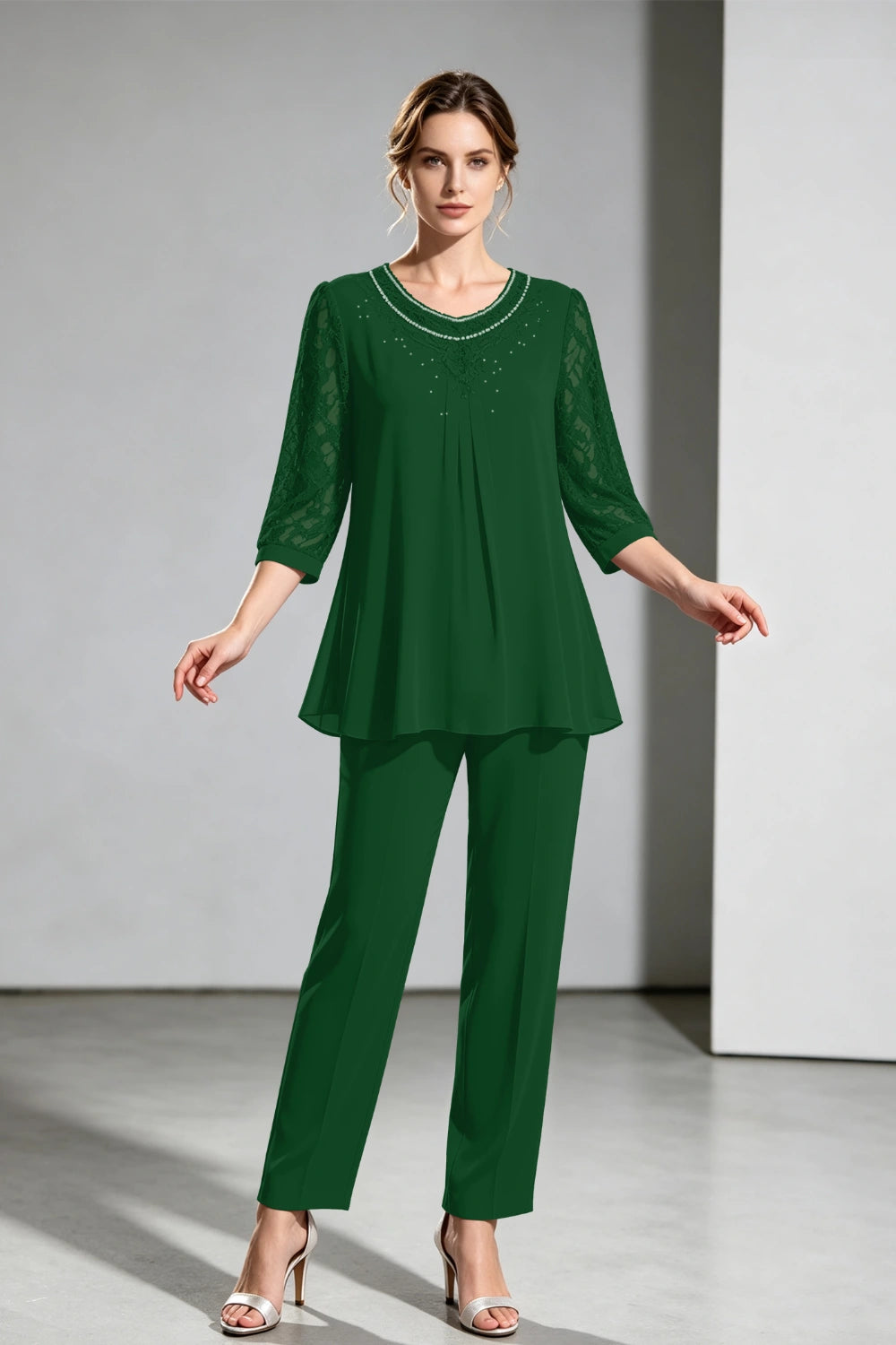 Navy Beaded-Neck Lace-Sleeve Chiffon Pant Suit