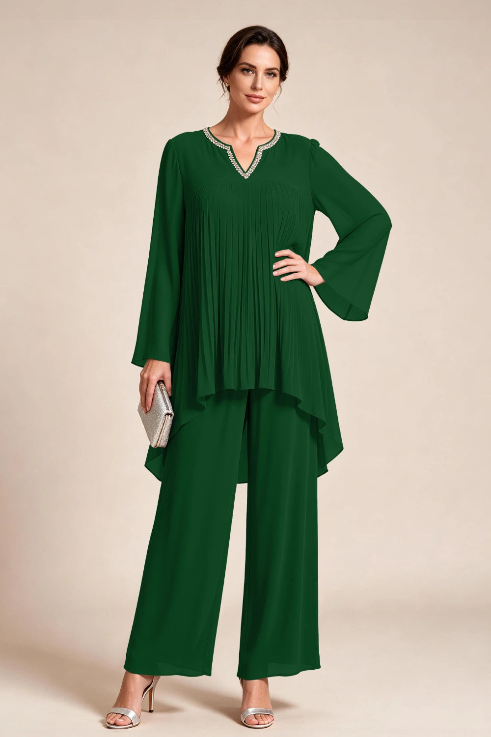 Beige Pleated-Bodice Chiffon Pant Suit