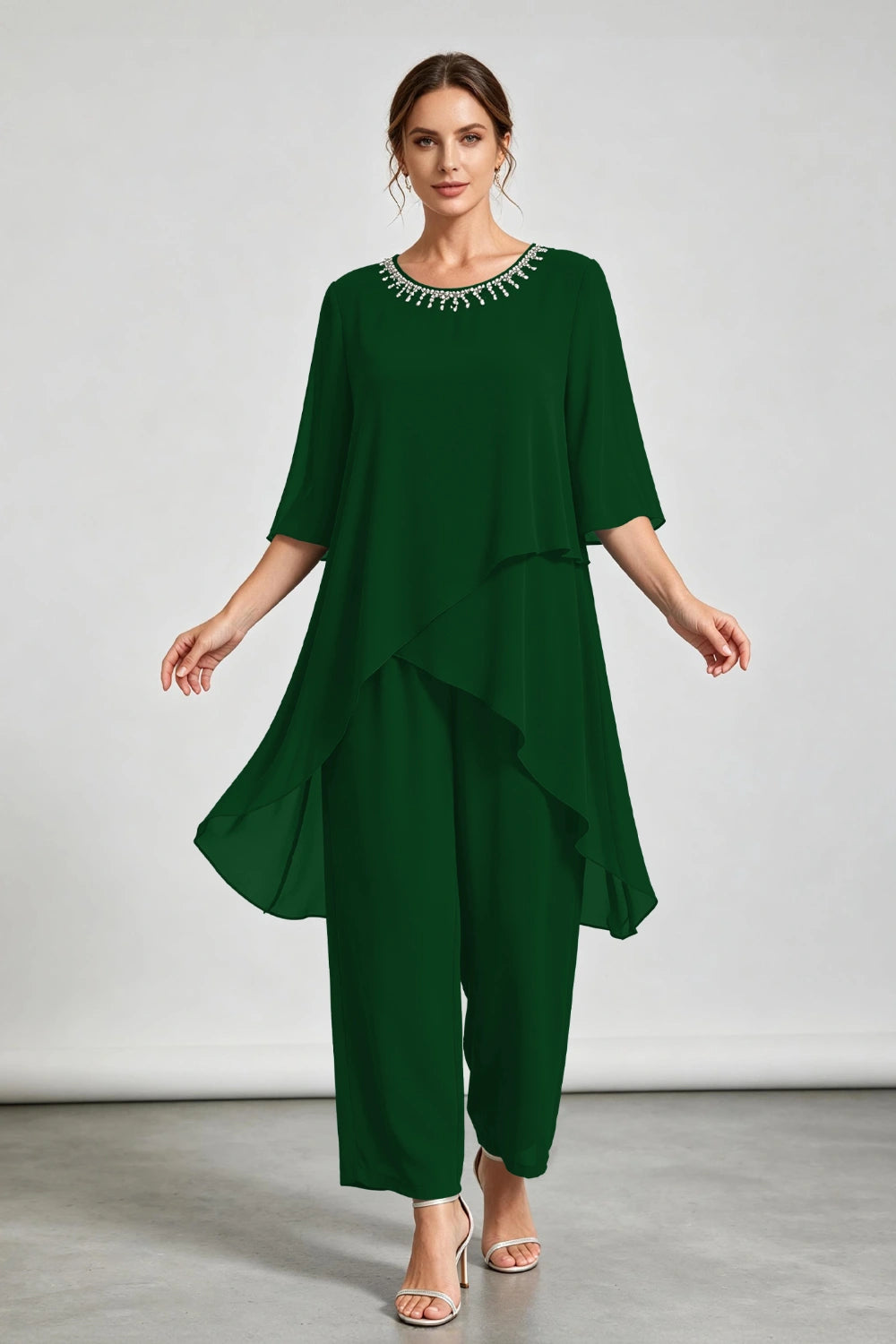 Peacock Blue Asymmetric Ruffle Chiffon Pant Suit