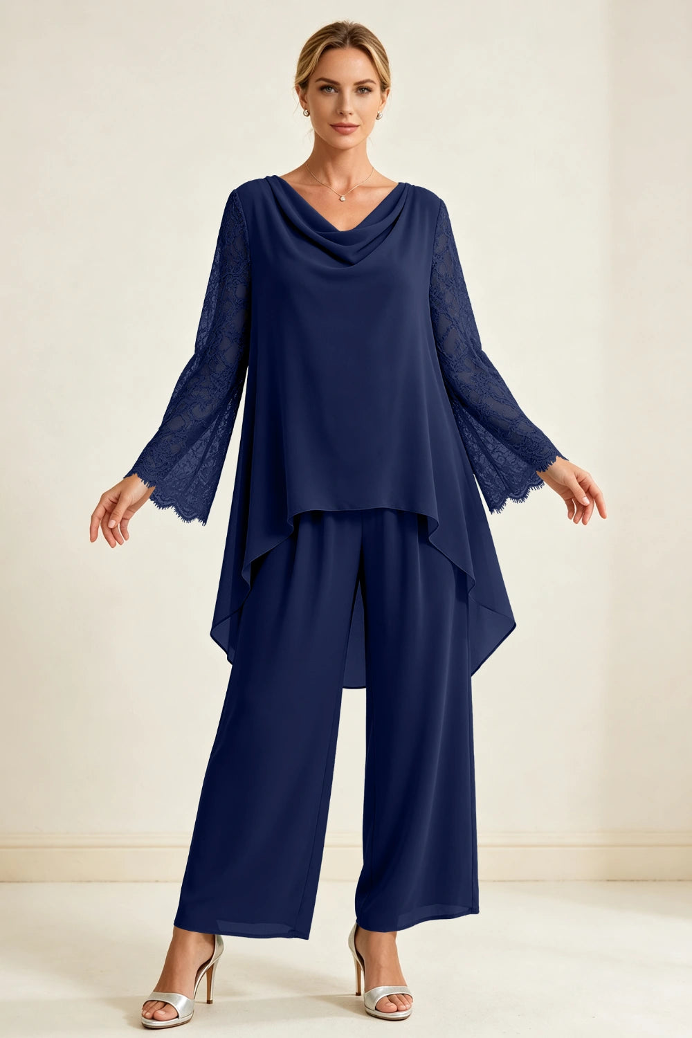 Dusty Sage Beaded Cowl Neck Chiffon Pant Suit