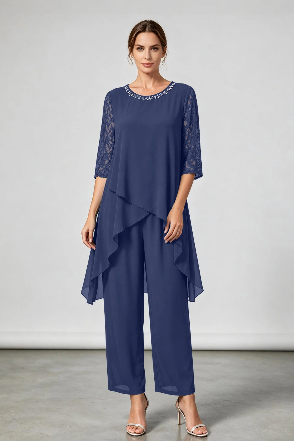 Peacock Blue Beaded-Neck Tiered Chiffon Pant Suit