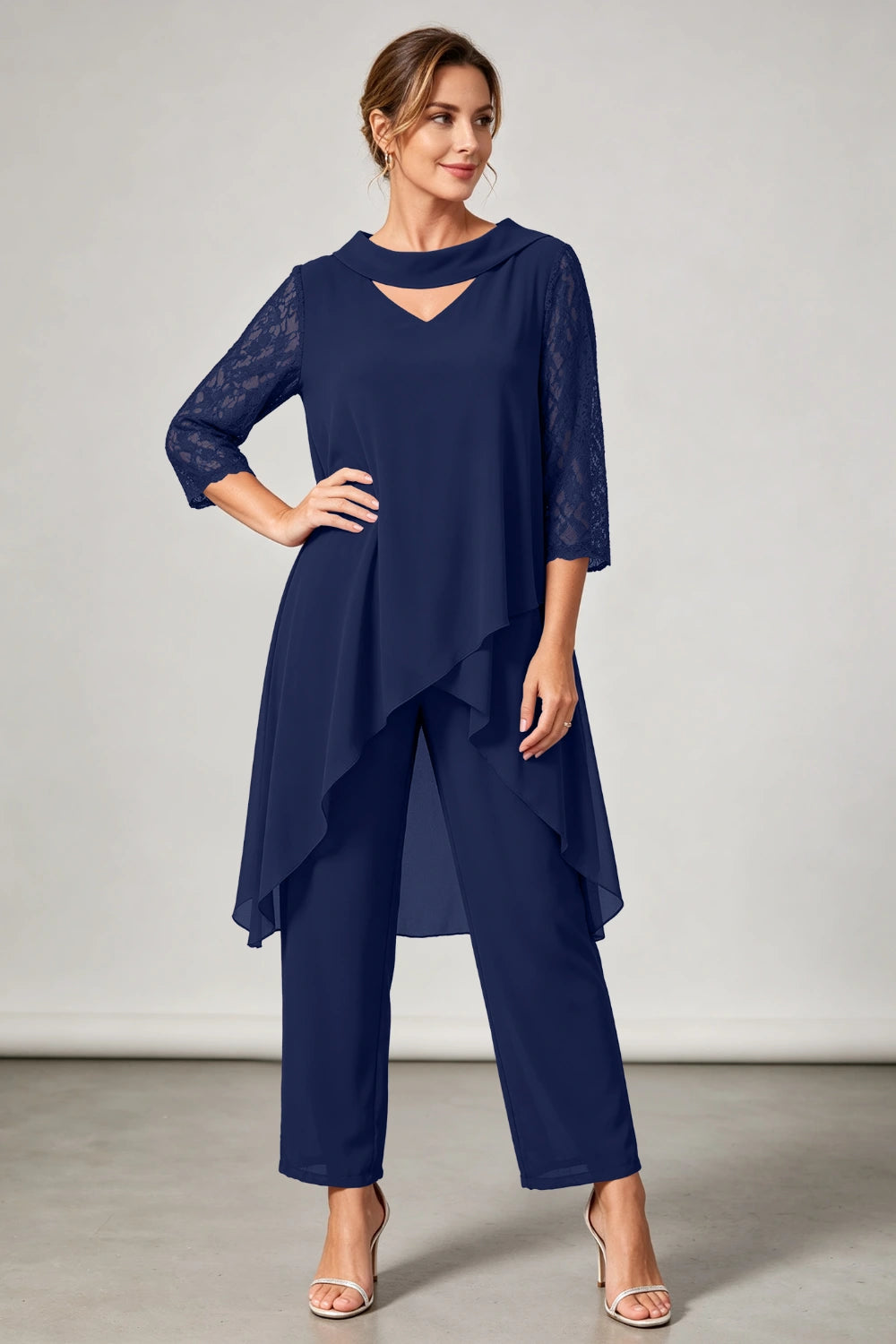 Plum Beaded V Neck Lace Sleeve Chiffon Pant Suit