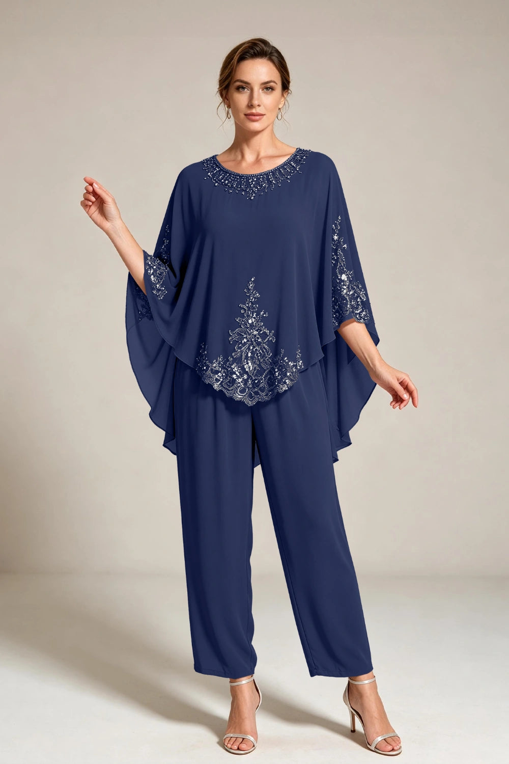 Beige Beaded-Lace Cape-Sleeve Chiffon Pant Suit