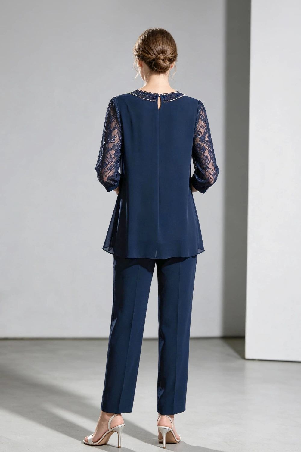 Navy Beaded-Neck Lace-Sleeve Chiffon Pant Suit