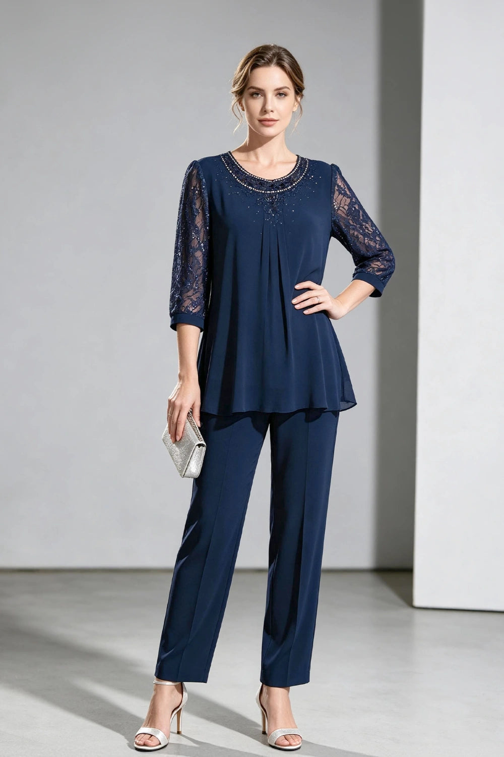 Navy Beaded-Neck Lace-Sleeve Chiffon Pant Suit