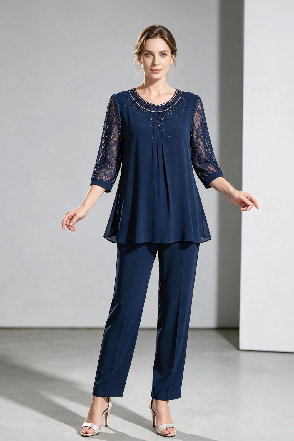 Navy Beaded-Neck Lace-Sleeve Chiffon Pant Suit