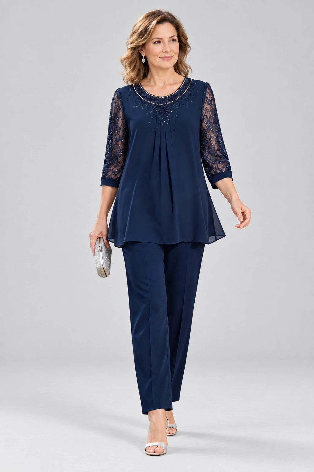 Beaded-Neck Lace-Sleeve Chiffon Pant Suit