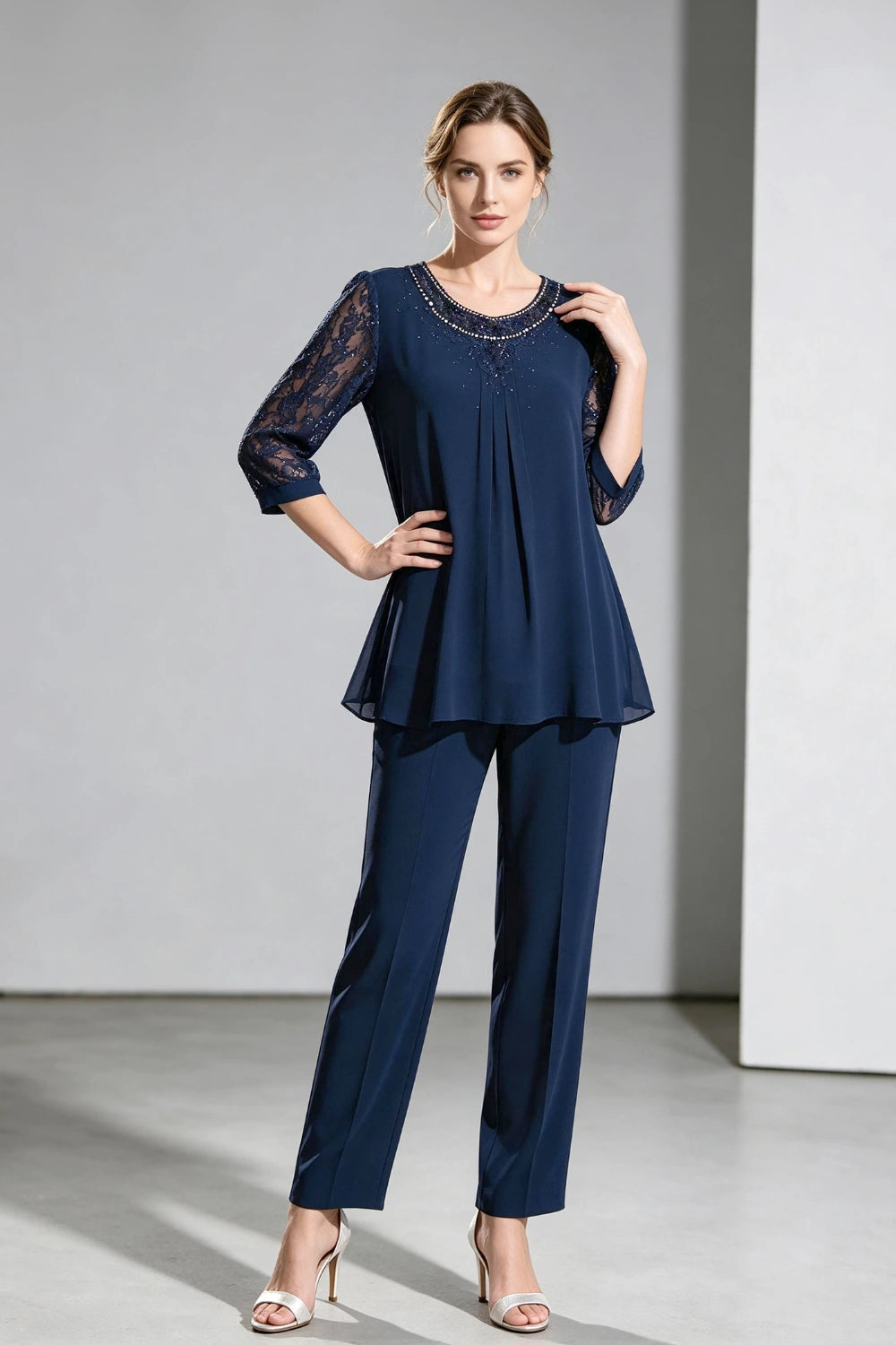 Navy Beaded-Neck Lace-Sleeve Chiffon Pant Suit